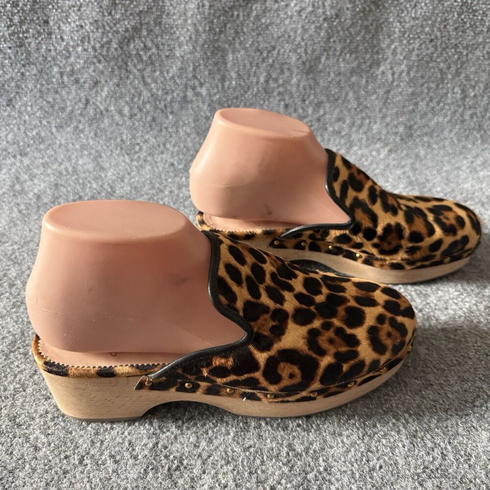 J.Crew Leopard Print Calf Hair Studded Clogs Women's 8 Carved Wood Sole Studded
